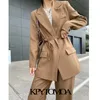 Frauen Mode mit Gebunden Wrap Blazer Mantel Vintage Langarm Taschen Weibliche Oberbekleidung Chic Tops 210416