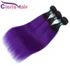 Duas extensões do cabelo humano virgem peruana do tom 1b Roxo colorido seda retas de seda 3pcs raízes escuras Ombre Weave Durável trama dupla