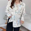 Coreano Outono Vintage Manga Longa Mulheres Blusa Moda Pintura Impresso Chiffon Single Breasted Camisas 11139 210427