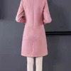 Autumn And Winter Ladies' Temperament Long-Sleeved Woolen Shiny Pink Dress Women's Knee-Length Beaded Vestidos 210520