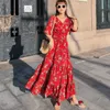 Women Chiffon Dress Summer Fashion Female Short Sleeve V-neck Floral Print Casual Dresses Vintage A-line Boho Vestidos 210423