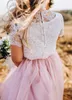 2021 Bohemian Boho Flower Girls Abiti separa 2 pezzi maniche corte pizzo rustico abiti da prima comunione per bambini piccoli neonato bambino compleanno pavimento-lunghezza