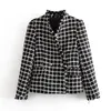 Vintage Tweed Plaid Jackets Women Fashion Casual V Neck Coats Elegant Ladies Double Breasted Outerwear 210520