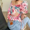 Camisa Chiffon Mulheres Design Sensor Sentido Sleeves Francês Floral De Manga Curta Verão Halter Bow Top 210529