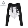 Crop Top Femmes T-shirts Printemps Harajuku Manches longues O-Cou Chic Street Casual Wear Streetwear Mode Slim Tees Femme 210515