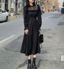 Gótico preto y2k vestido mulheres 2021 outono casual luva longa manga comprida um pedaço vestido festa de noite elegante midi vestido fêmea g1214