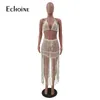 Echoine Sexy Two Piece Swimsuit BacklCrop Top Tassel Midi Dresses 2021 Women Summer Beachwear Clubwear Matching Outfits X0709