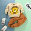Tuta primaverile per bambini Camicia pullover a maniche lunghe con stampa leone cartone animato O-Collo + Pantaloni tinta unita per ragazzini, 0-12 mesi G1023