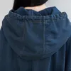 Johnature Women Denim Cotton Dresses Hooded Vintage Loose Robes Pockets Spring Female Clothes Korean Style Dresses 210521