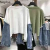 Neploe Koreanische Mode Sweatshirts Frauen Patchwork Jeans Kontakt Farbe Hoody Oansatz Batwing Hülse Hoodies Lose Kausalen Tops 210422