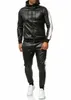 Men's Tracksuits Pu Leather Hoodies Piece Casual Sweatsuit Hooded Jacket and Pants Jogging Suit Men