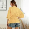 Verão sólido profundo V-pescoço sexy sexy top blusa casual solta pulôver 3/4 manga elástica cintura amarelo camisas femme blusas 210517