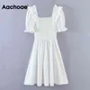 Doux blanc volants Mini femmes une ligne Stretch buste Robe élégante femme à manches courtes Chic robes d'été Robe 210413