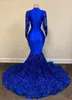 Shiny Plus Size Evening Dresses 2021 Sexy Mermaid Long Sleeve Sheer Neckline Royal Blue African Black Girls Prom Gala Party Gowns