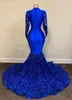 Shiny Plus Size Evening Dresses 2021 Sexy Mermaid Long Sleeve Sheer Neckline Royal Blue African Black Girls Prom Gala Party Gowns