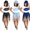 Summer Tassel Jeans Women Tracksuits Printed Lip T-shirt Two Piece Set Solid Color Yoga Outfits Gym Clothes Plus Size Sportwear