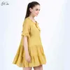 H.SA Summer Robes jaunes Vintage Cascade Volants Midi Robes Bow Col Harajuku Robe de soirée Kawaii Ukraine Robe 210417