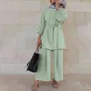 Frauen Muslimische Sommer 2 Stücke Outfits Set Langarm Gürtel Tunika Tops Breites Bein Lose Hosen Einfarbig Dubai Kaftan Hijab X0428
