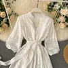 Chique zoete stereo bloemblaadjes geborduurde kwastje hoge taille dunne jurk vrouwen elegante vintage vestidos l851 210527