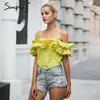 Dos nu volants épaule froide camisole réservoir été jaune crop top chemise femme élégante sans manches femmes tops cami 210414