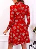 Christmas Dress Women Long Sleeve V-neck Snowflake Print Dresses Holiday Casual Party Ladies Mini Dress Plus Size S-5XL 211206