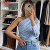 Femmes rétro bleu à carreaux imprimé épaules dénudées à manches longues Chic femme chemise hauts 3R25 210416