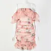 Sexy Off Shoulder Floral Print Ruched Dress Women Ruffles Sleeve Bodycon Short summer Beach bboh mini flower dresses 210427