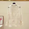 Bow Tie Korean Flare Sleeve Fashion Loose Embroidery O-neck Mesh Blouse Spring White Lace Female Bottoming Shirt 12474 210415