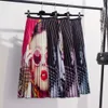 女性のファッションの女の子プリントスカート漫画パターン高弾性プリーツMIDIシャツ通りの通りAラインシャツプラスサイズ210428