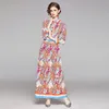 Fashion Flower Pattern Print Long Sleeve High Waist Single Breasted Turn Down Collar Vintage Maxi Women Long Pleated Dress 210514