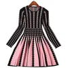 Women Striped Jacquard Sweater Dress Winter Christmas Thick Warm Long Sleeve O Neck Ball Gown Knitted Short Party Dresses 210416