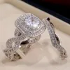 Vintage Female Round Crystal Stone Ring Set Charm Gold Silver Color Wedding Rings For Women Trendy White Zircon Engagement223U