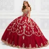 Złoto zastosowane czerwone sukienki Quinceanera z ramion koronkową suknię balową Prom Princess Junior Girl