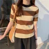 Summer Korean Striped Knitted Pullover Sweater Women Short Sleeve O-neck Slim Tops Color-blocked Ladies Jumper Femme 210513