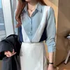 Kadın Üstleri ve Bluzlar Kore OL Stil Gevşek Bluz Kadın Gömlek Polo Yaka Uzun Kollu Patchwork Rahat Giyim 210507