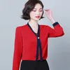 Koreańska bluzka Kobiety Szyfonowe Bluzki Dla Koszula Z Długim Rękawem Kobieta Frezowanie Bluzki Koszule V Neck Bow Tie Top 3XL 210604