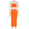 Women Sexy Halter Drawstring Corset Top Backless Slim Fit Crop Tops Midi Skirts Orange Summer Party Vestidos Club Outfits 210517