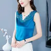 Koreaanse zijde vrouwen blouses tops vrouw satijnen kant blouse v-hals shirts plus size elastische mouwloos 210427