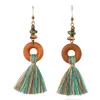 Bohemian Fringe Tassel Dangle Örhängen för Kvinnor Etnisk Grön Gul Färg Drop Earing Geometric Wood Wooden Earring Smycken