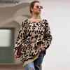 Otoño invierno ropa damas suéter largo moda mujer suéteres sueltos y suéteres estampado de leopardo suéter de punto 210918