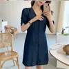 Artı Boyutu Yaz Kızlar Boho Parti Düğmesi Kadın Vintage Elbise Gömlek Olid Mavi Kısa Kollu Kadın Elbise Robe Vestido 210417