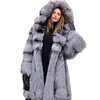 Uzun gümüş renkli kürk uzun palto kadın kapüşonlu vizon s artı boyutu sahte 211207