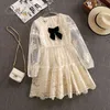Krótki biały tiul z długim rękawem haft koronki szydełkowy łuk lato kobiety eleganckie wakacje plaża mini sukienka 210415