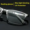 Ultra uv proteção computador leitura óculos homens presbyopia luz anti-azul bloqueando metal metade quadro prata 1.5 2.5