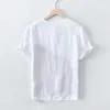 Ретро футболка пэчворк с коротким рукавом мужчины футболка мода повседневная уплотнительная шея 100% чистые льняные вершины сращивания тройник лето 210601