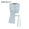 TWOTWINSTYLE Lace Up Bowknot Denim Vest For Women O Neck Sleeveless Hollow Out Casual Vests Female Fashion Clothing 211120
