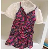 Summer Girls' Clothes Suit Wrinkled Floral Sling Dress+Inner Short Sleeve Fashion Cute Children'S Baby Kids Clothing Sets 210625