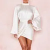 Casual Dresses Sexy Women Summer Party Club Fold Elastic Mini Dress Black High Neck Puff Sleeve Ruched Satin Bodycon Black/White