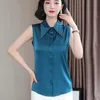 Koreaanse zijde vrouwen blouses shirts vrouw satijnen tops dames solid klinknagel plus size mouwloos 210427