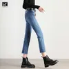 LY VAREY LIN Spring Summer Women Straight Jeans Casual Ripped High Waist Ankle-length Pants with Belt Simple Button 210526